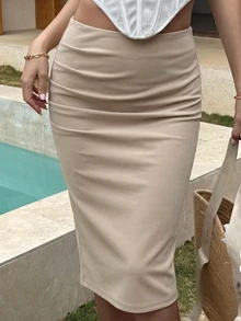 DAZY Women's Solid Color Bodycon Pencil Skirt - Apricot - View 4