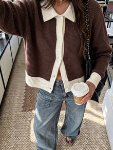 SHEIN PariChic Casual Loose Polo Collar Long Sleeve Knit Waffle Textured Contrast Fall Winter Cardigan,Fall Winter 2026,Social Top,Going Out Top,Brown Top - Brown - View 5