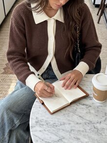 SHEIN PariChic Casual Loose Polo Collar Long Sleeve Knit Waffle Textured Contrast Fall Winter Cardigan,Fall Winter 2026,Social Top,Going Out Top,Brown Top - Brown - View 6