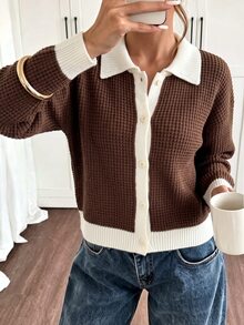 SHEIN PariChic Casual Loose Polo Collar Long Sleeve Knit Waffle Textured Contrast Fall Winter Cardigan,Fall Winter 2026,Social Top,Going Out Top,Brown Top - Brown - View 2