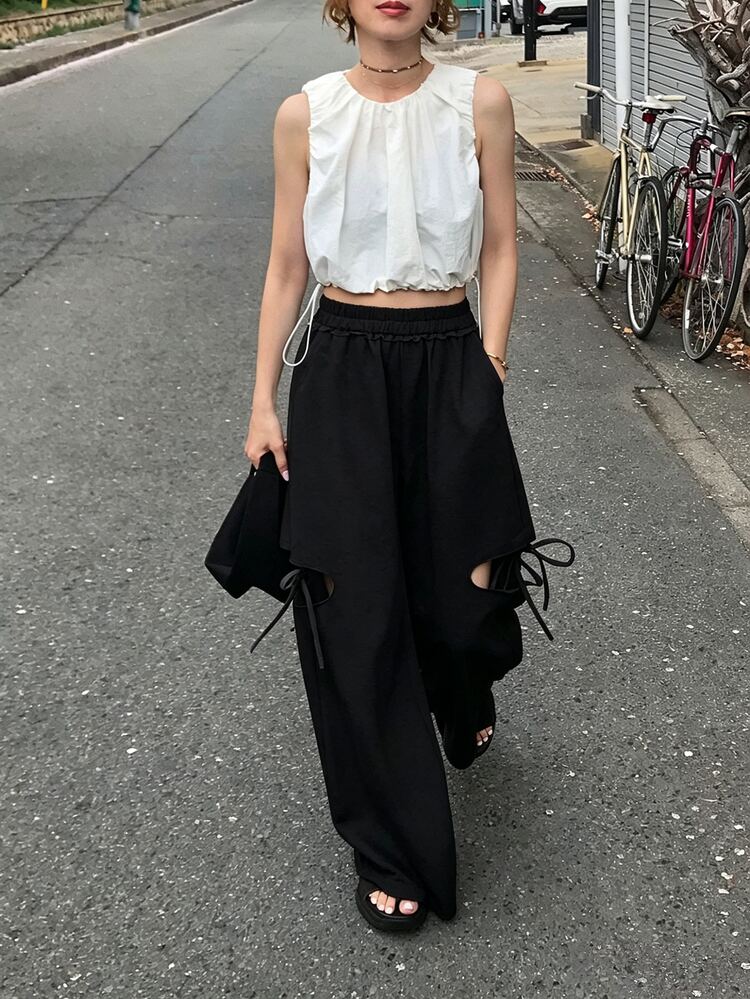 FRIFUL Women's Solid Color Elastic Waist Hollow Out Drawstring Loose Casual Pants - Black - View 7