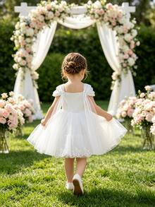 Glamorique Kids 優雅白色花童女童禮服，夏季時尚蕾絲緞面網紗蓬蓬裙，附可拆式蝴蝶結，正式舞會婚禮公主裙 - 白色 - 查看 3