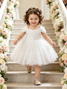Glamorique Kids 優雅白色花童女童禮服，夏季時尚蕾絲緞面網紗蓬蓬裙，附可拆式蝴蝶結，正式舞會婚禮公主裙 - 白色 - 查看 11