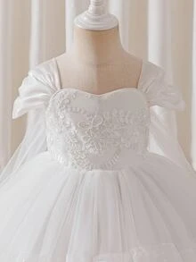 Glamorique Kids 優雅白色花童女童禮服，夏季時尚蕾絲緞面網紗蓬蓬裙，附可拆式蝴蝶結，正式舞會婚禮公主裙 - 白色 - 查看 8