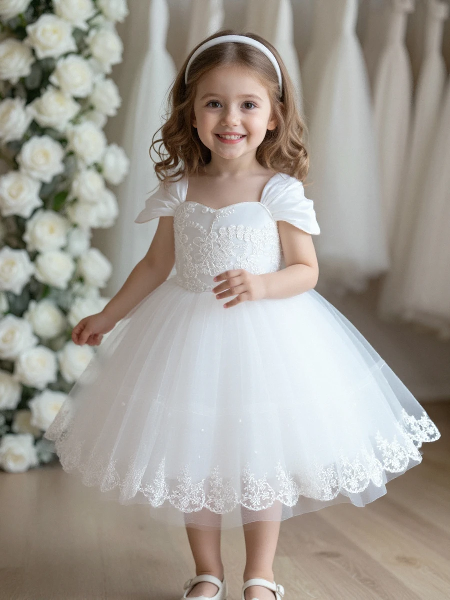 Glamorique Kids 優雅白色花童女童禮服，夏季時尚蕾絲緞面網紗蓬蓬裙，附可拆式蝴蝶結，正式舞會婚禮公主裙