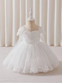 Glamorique Kids 優雅白色花童女童禮服，夏季時尚蕾絲緞面網紗蓬蓬裙，附可拆式蝴蝶結，正式舞會婚禮公主裙 - 白色 - 查看 7