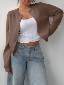 SHEIN BASICS 女款休閒純色圓領長袖寬鬆短版針織開襟衫，秋季外套，適合日常早午餐、商務辦公、日間咖啡色 - 咖啡棕 - 查看 6