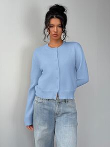 SHEIN BASICS 女款休閒淺藍色圓領長袖寬鬆短版開襟外套，適合秋季日常、辦公室、學校、教師穿著 - 淺藍色 - 查看 4
