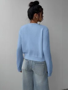 SHEIN BASICS 女款休閒淺藍色圓領長袖寬鬆短版開襟外套，適合秋季日常、辦公室、學校、教師穿著 - 淺藍色 - 查看 3
