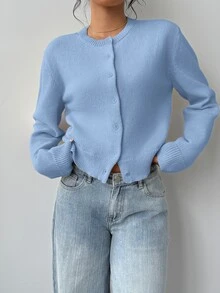 SHEIN BASICS 女款休閒淺藍色圓領長袖寬鬆短版開襟外套，適合秋季日常、辦公室、學校、教師穿著 - 淺藍色 - 查看 5