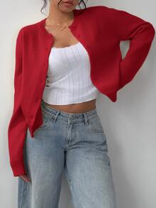 SHEIN BASICS 女款休閒法式基本款純色圓領長袖寬鬆短版開襟衫，秋季女式辦公日常約會早午餐校園深紅色 - 紅色 - 查看 5