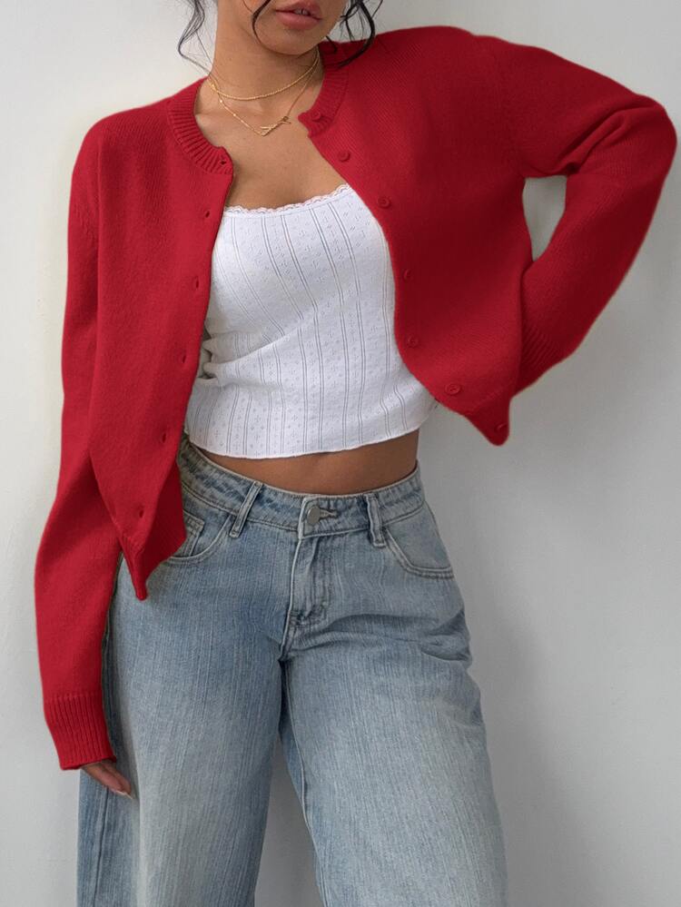 SHEIN BASICS Women Casual French Basic Solid Color Round Neck Long Sleeve Oversized Cropped Cardigan, Autumn For Women Office Brunch School Dark Red - Red - View 5