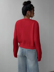 SHEIN BASICS 女款休閒法式基本款純色圓領長袖寬鬆短版開襟衫，秋季女式辦公日常約會早午餐校園深紅色 - 紅色 - 查看 6