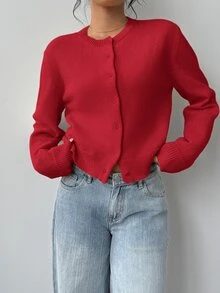 SHEIN BASICS 女款休閒法式基本款純色圓領長袖寬鬆短版開襟衫，秋季女式辦公日常約會早午餐校園深紅色 - 紅色 - 查看 3