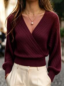 LUMIGAL Women's Solid Color Overlap V-Neck Long Sleeve Hollow Out Sweater - Burgundy - View 4