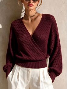 LUMIGAL Women's Solid Color Overlap V-Neck Long Sleeve Hollow Out Sweater - Burgundy - View 3