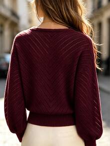 LUMIGAL Women's Solid Color Overlap V-Neck Long Sleeve Hollow Out Sweater - Burgundy - View 2