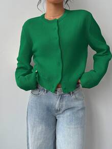 SHEIN BASICS 女款休閒基礎純色圓領寬鬆短版開襟外套 秋季外套 學校教師 小學 湖水綠 教師節 辦公室 - 綠色 - 查看 3