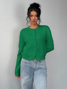 SHEIN BASICS 女款休閒基礎純色圓領寬鬆短版開襟外套 秋季外套 學校教師 小學 湖水綠 教師節 辦公室 - 綠色 - 查看 4