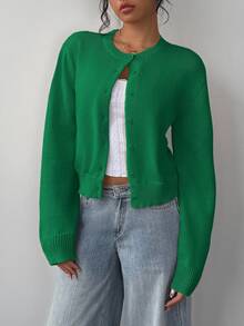 SHEIN BASICS 女款休閒基礎純色圓領寬鬆短版開襟外套 秋季外套 學校教師 小學 湖水綠 教師節 辦公室 - 綠色 - 查看 5