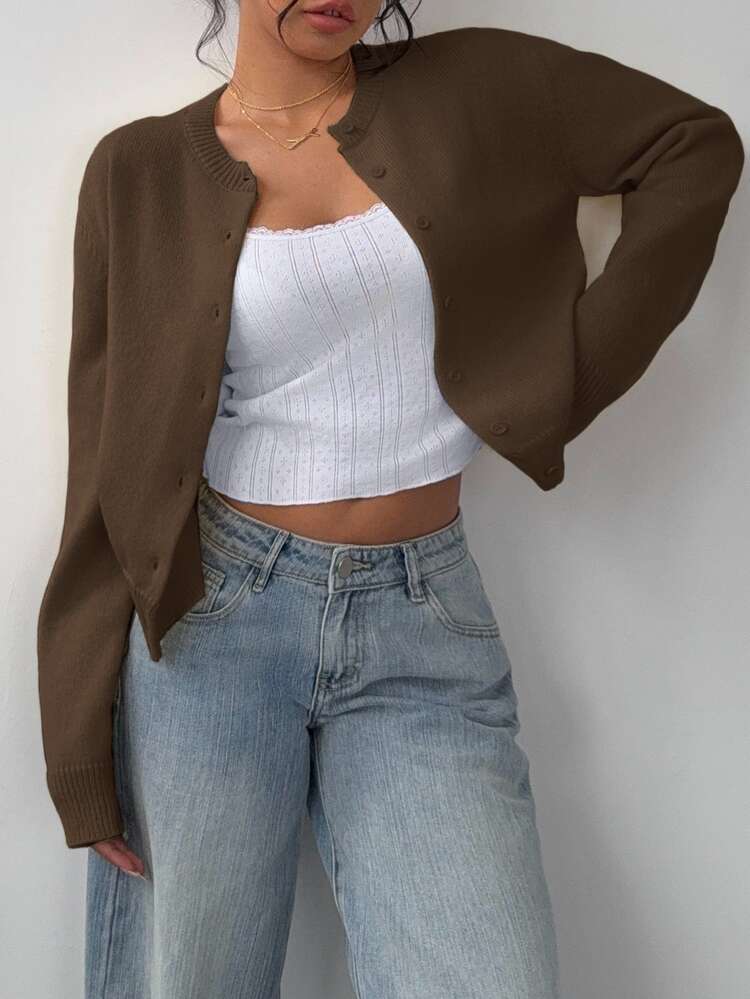 SHEIN BASICS Casual French Solid Color Round Neck Long Sleeve Loose Cropped Women Sweater Cardigan Autumn Coat Office Brunch Business Dark Brown Teachers' Day - Brown - View 5
