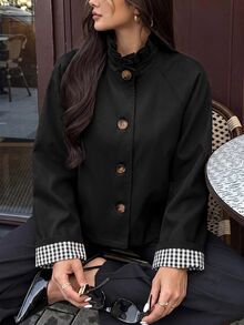 Brillora 女款四季時尚休閒優雅日常浪漫短版風衣外套，下午茶、購物、通勤必備穿搭 - 黑色 - 查看 2