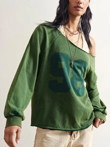 Bohemela 休閒街頭風女款針織衛衣，圖案純色，不對稱肩領，長袖寬鬆版型，旅行綠，秋季 - 綠色 - 查看 4