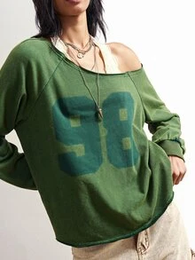 Bohemela 休閒街頭風女款針織衛衣，圖案純色，不對稱肩領，長袖寬鬆版型，旅行綠，秋季 - 綠色 - 查看 3