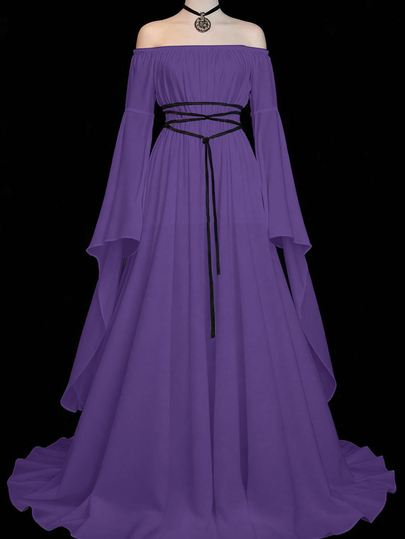 Sunspun Solid Color Elegant Minimalist Cinched Waist Flare Sleeve Dress Fall