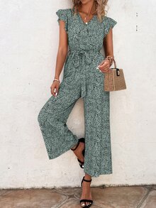 SHEIN VCAY Allover Print Butterfly Sleeve Belted Wide Leg Jumpsuit - Mint Green - View 3