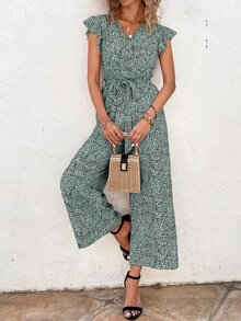 SHEIN VCAY Allover Print Butterfly Sleeve Belted Wide Leg Jumpsuit - Mint Green - View 1