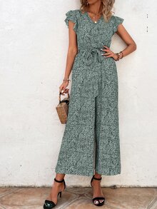 SHEIN VCAY Allover Print Butterfly Sleeve Belted Wide Leg Jumpsuit - Mint Green - View 6