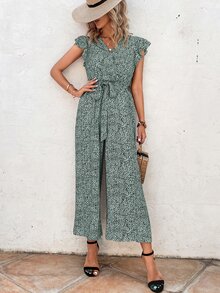 SHEIN VCAY Allover Print Butterfly Sleeve Belted Wide Leg Jumpsuit - Mint Green - View 5