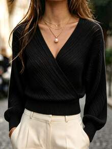 LUMIGAL Women's Solid Color Overlap V-Neck Long Sleeve Hollow Out Casual Sweater - Black - View 4
