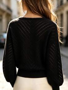 LUMIGAL Women's Solid Color Overlap V-Neck Long Sleeve Hollow Out Casual Sweater - Black - View 2
