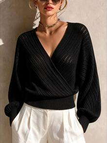 LUMIGAL Women's Solid Color Overlap V-Neck Long Sleeve Hollow Out Casual Sweater - Black - View 3