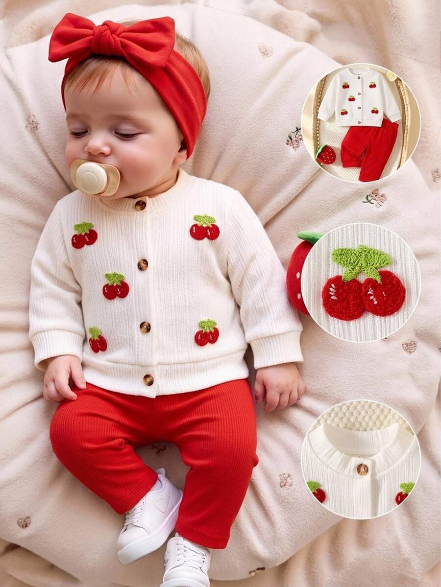 SHEIN Kids Kids Infant Gentle Cream White Knitted Cardigan Set With 3D Crochet Cherry Embroidery Patch - Red - View 1