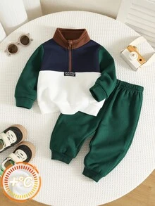 SHEIN 中性嬰兒男/女童、幼兒 2件組秋冬保暖內裡加厚可愛配色拼接立領運動衫套裝，嬰兒冬季服飾、運動套裝、聖誕節 - 墨綠色 - 查看 1