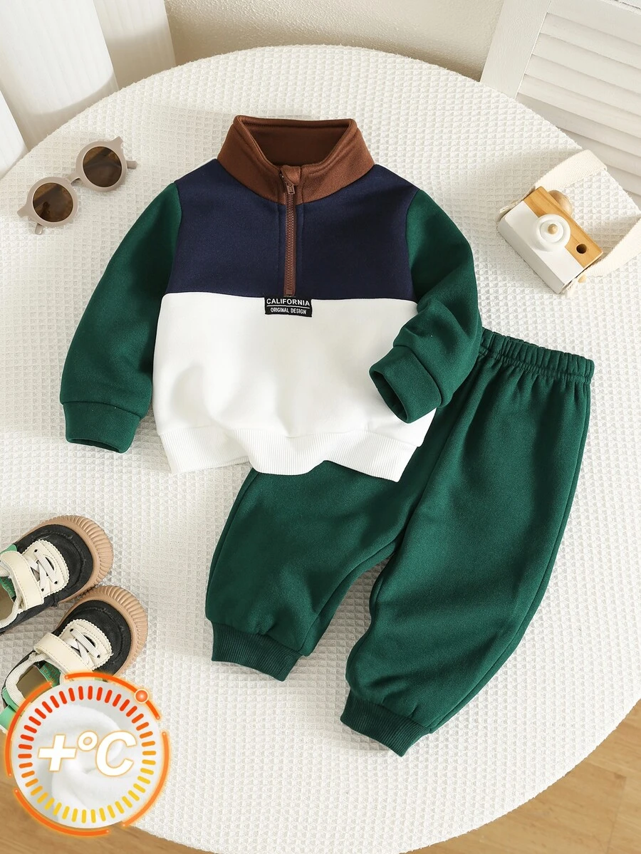 SHEIN 中性嬰兒男/女童、幼兒 2件組秋冬保暖內裡加厚可愛配色拼接立領運動衫套裝,嬰兒冬季服飾、運動套裝、聖誕節 - 墨綠色 - 查看 1