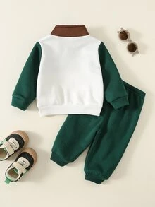 SHEIN 中性嬰兒男/女童、幼兒 2件組秋冬保暖內裡加厚可愛配色拼接立領運動衫套裝，嬰兒冬季服飾、運動套裝、聖誕節 - 墨綠色 - 查看 2