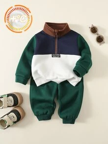 SHEIN 中性嬰兒男/女童、幼兒 2件組秋冬保暖內裡加厚可愛配色拼接立領運動衫套裝，嬰兒冬季服飾、運動套裝、聖誕節 - 墨綠色 - 查看 3
