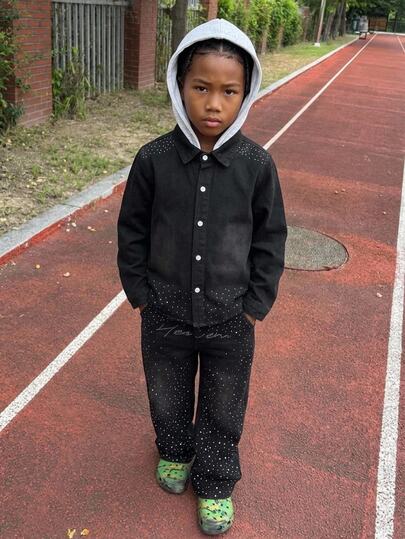 Boys' Shiny Rhinestone Black Denim Loose Long Sleeve Jacket & Pants 2-Piece Set
