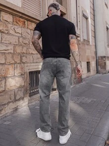 Artur Kramer 男士宽松水洗斜口袋直筒牛仔裤 - 灰色 - 查看 3
