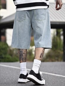 Devon Thys 男士浅蓝色水洗宽松休闲牛仔短裤 - 淺色水洗藍 - 查看 5