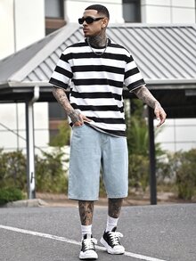 Devon Thys 男士浅蓝色水洗宽松休闲牛仔短裤 - 淺色水洗藍 - 查看 4
