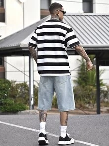 Devon Thys 男士浅蓝色水洗宽松休闲牛仔短裤 - 淺色水洗藍 - 查看 6