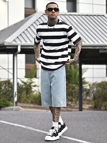 Devon Thys 男士浅蓝色水洗宽松休闲牛仔短裤 - 淺色水洗藍 - 查看 1
