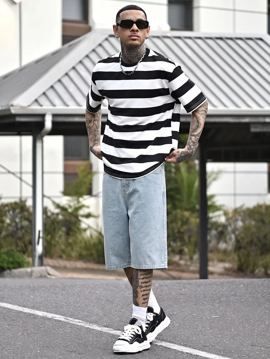 Devon Thys 男士浅蓝色水洗宽松休闲牛仔短裤 - 淺色水洗藍 - 查看 1