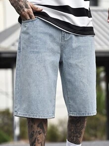 Devon Thys 男士浅蓝色水洗宽松休闲牛仔短裤 - 淺色水洗藍 - 查看 3