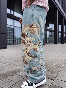Artur Kramer 复古休闲宽松直筒水洗刺绣设计牛仔裤，百搭街头风 - 藍色 - 查看 6